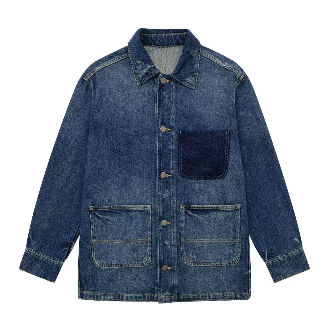 New Denim Jacket with Turn-down Collar and Big Pockets