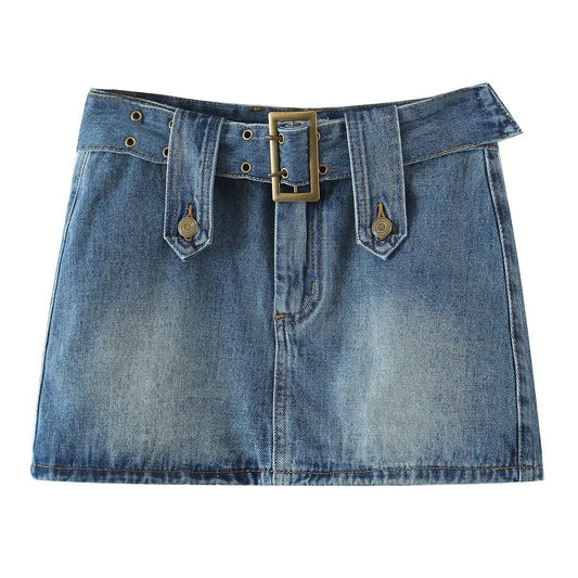 Summer New Fashion Retro Style Belt Old Washed Denim Skirt for Women