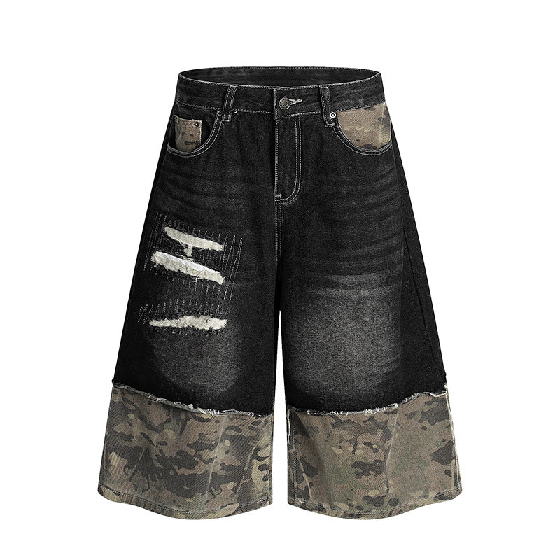 Camouflage Patchwork Denim Shorts for Modern Streetwear