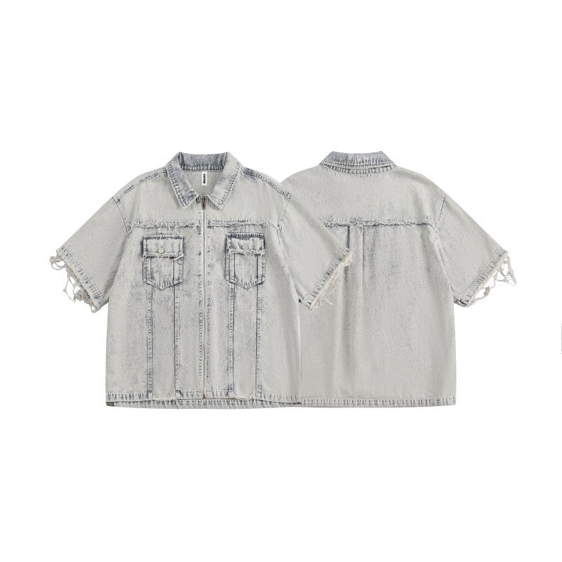 Retro Distressed Loose-Fit Denim Short-Sleeve Shirt with Raw Edges