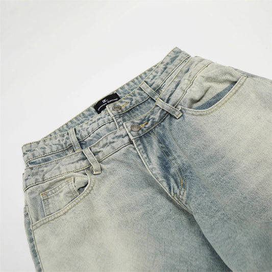 Men's Jeans with Double Waistband, Faded Knife-Edge Design, Brand, Loose Fit, New Men's Pants