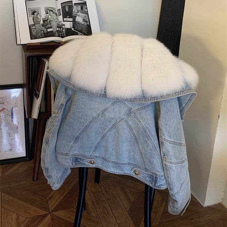 Women's Blue Patchwork Faux Fur Denim Jacket