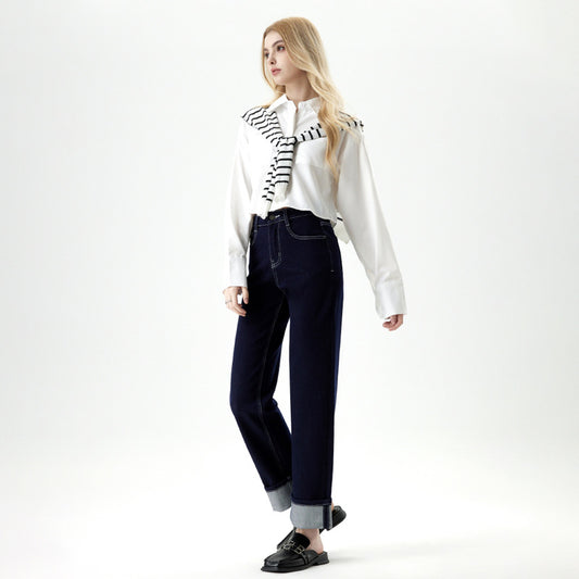 Women's Blue Wide-leg High-waisted Slimming Straight Leg Nine-point Jeans