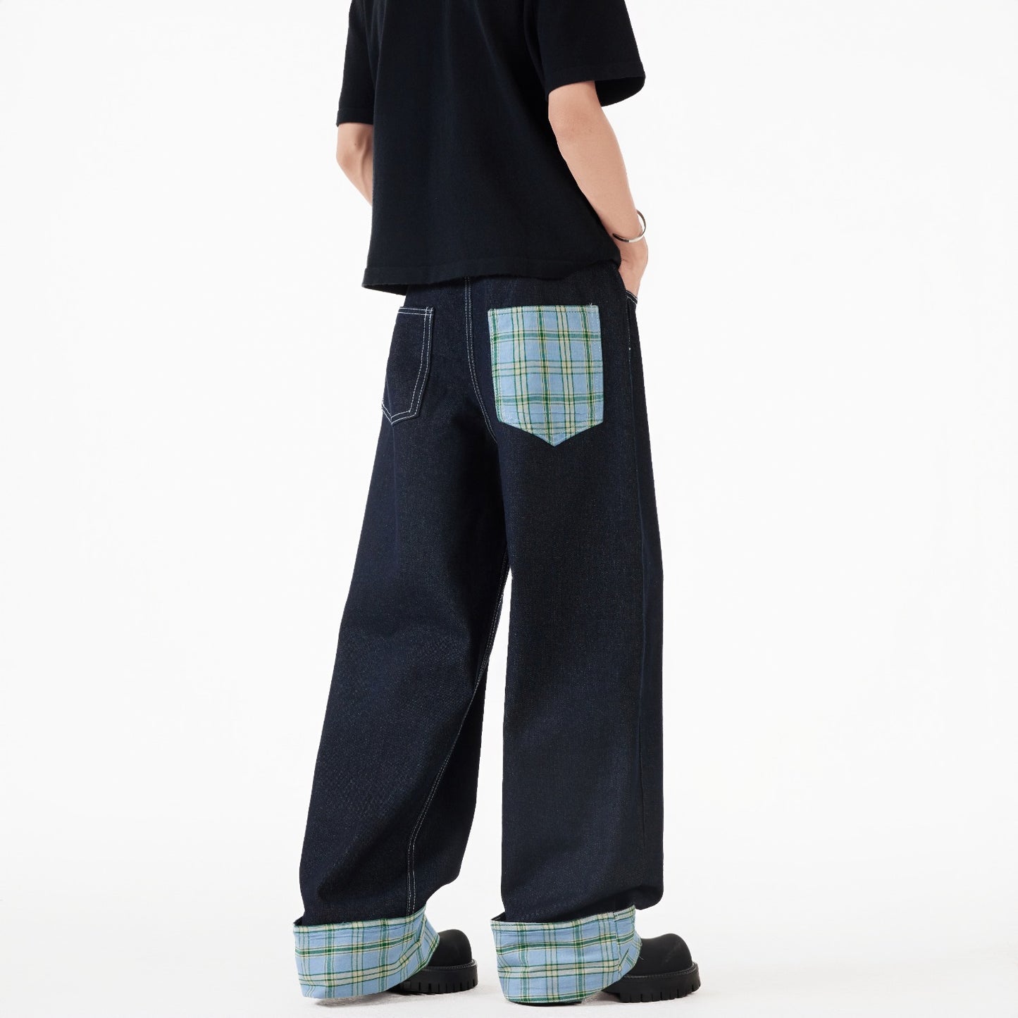 Grid Splicing Rolled Edge Jeans - Straight Leg Loose Pants