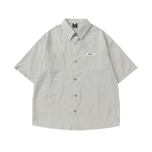 Retro Simple Pocket Striped Short Sleeve Shirt for Men and Women