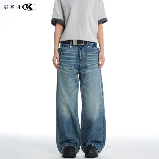 Water-Washed Vintage Loose Fit Casual Wide-Leg Straight Leg Jeans for Men and Women