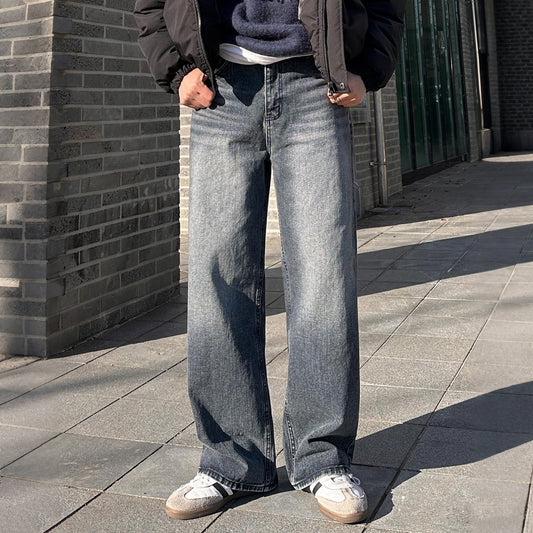 Distressed Water Washed Straight Leg Jeans for Men - Clean Fit Floor Length Pants Style Outfit