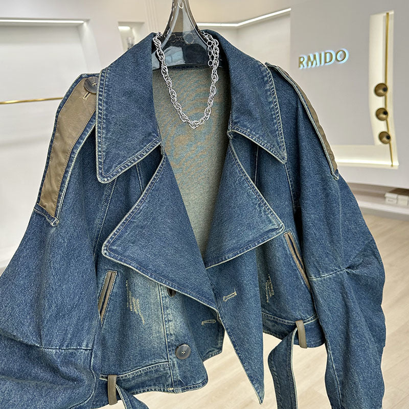 Women’s Vintage Y2K Patchwork Denim Jacket with Leather
