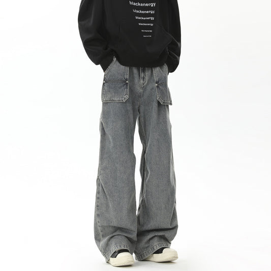 Pleated Washed Denim Jeans for Men