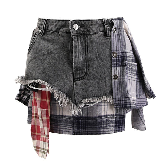 Women's Summer Denim Skirt - Irregular Plaid High Waisted Short Skirt