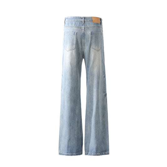 Mens Washed Denim Bell Bottom Jeans — Flared Mid Waist Zip Fly Streetwear
