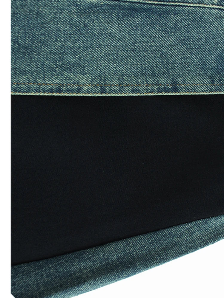 High Waist Blue Denim Color-Block Midi Skirt for Women