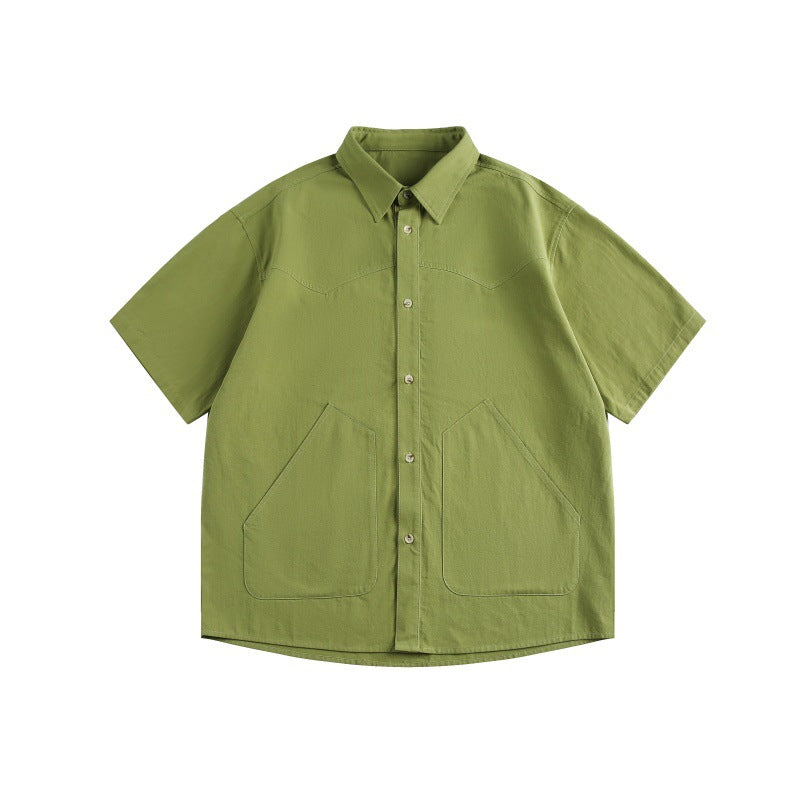 Solid Color Large Pocket Loose Short Sleeved Shirt for Men