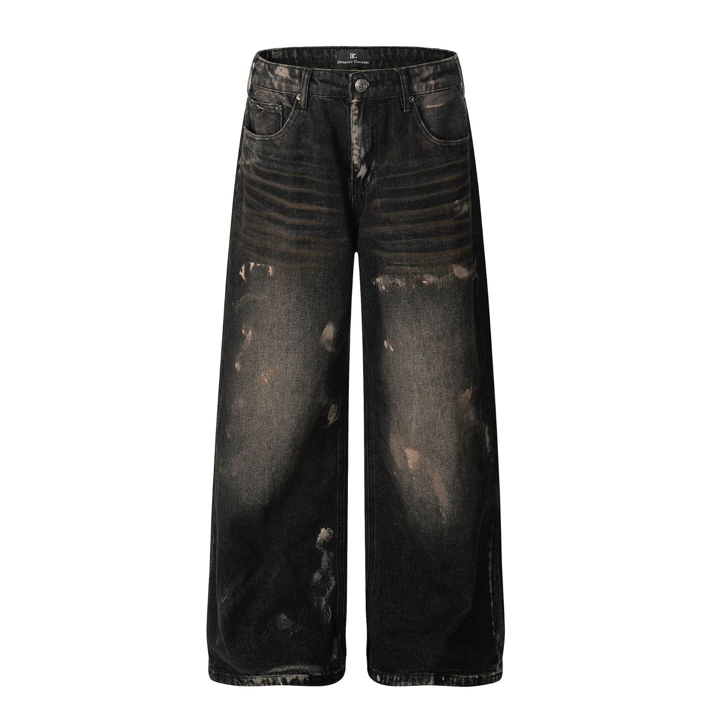 Retro Unisex Washed Black Splatter Design Men's Loose Wide-Leg Jeans