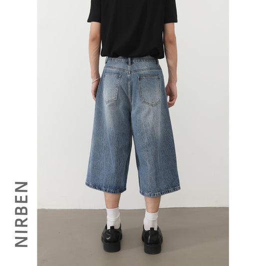 American Style Lightning Cracked Seven-Quarter Denim Pants for Men