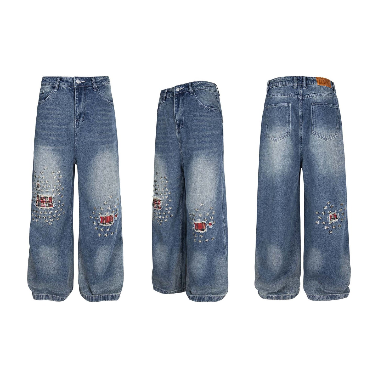 Washed Patch Embroidered Denim Pants for Men and Women - Loose Wide Leg Straight Trousers