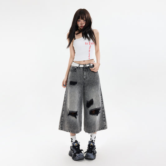 Black Gray Hole Seven-Point Denim Pants for Women - Vintage Wide-Leg Straight Leg Style