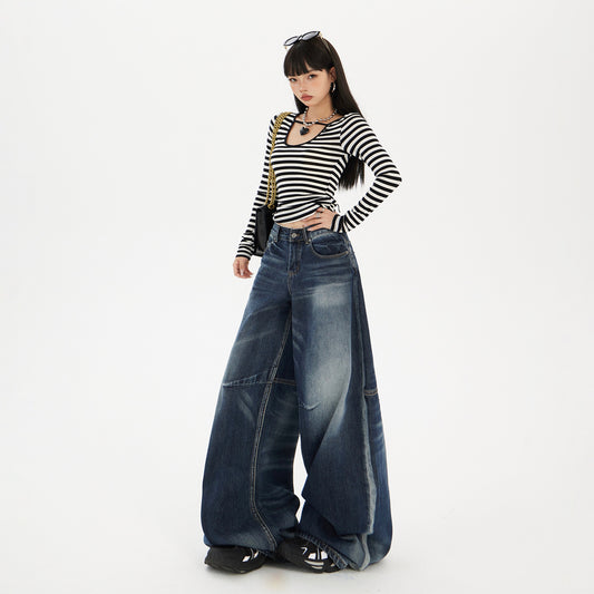 Blue Gray Wide-Leg Jeans for Women - Retro Loose Drape Straight Leg Pants
