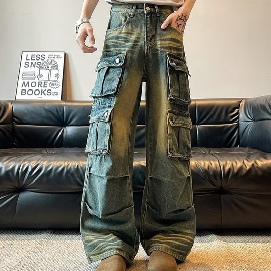 Washed and Worn Multi Pocket Wide Leg Hanging Long Pants