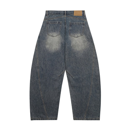 Washed Patchwork Loose Wide-Legged Knife-Edge Denim Pants
