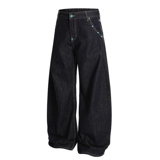 Turquoise Buckle Decoration Original Cow Solid Color Jeans