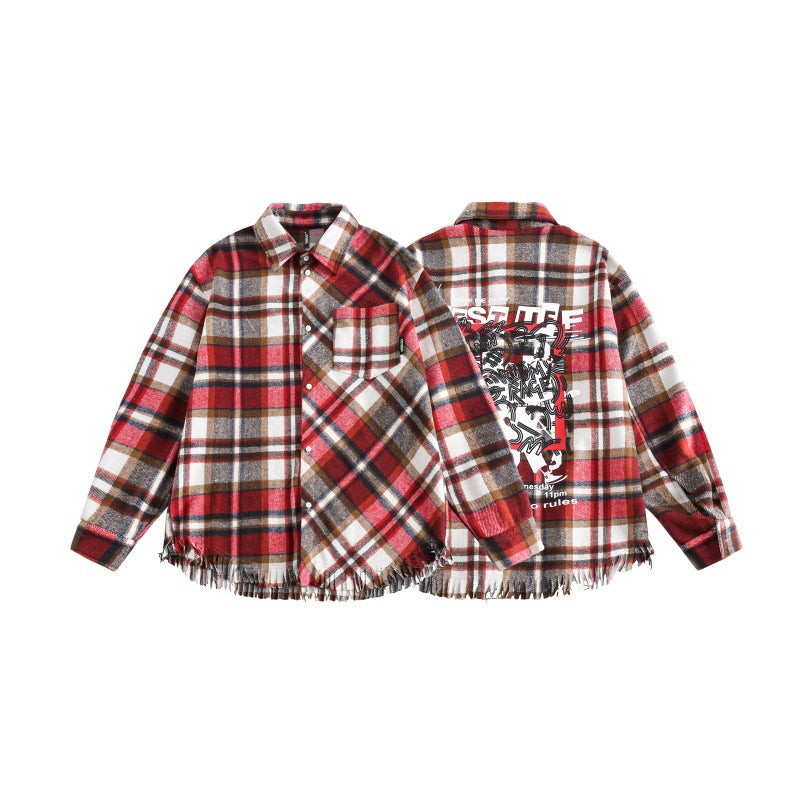 Tassel Plaid Graffiti Long Sleeved Loose Fitting Shirt