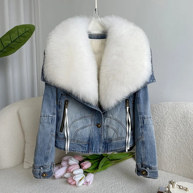 Women's Casual Denim Jacket with Fox Fur Collar