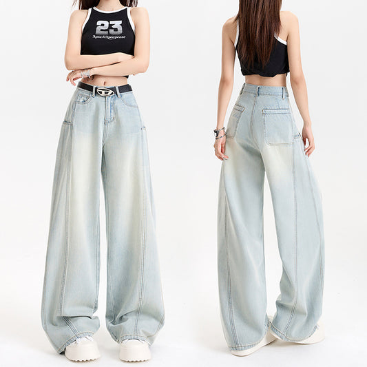 Light Color Tencel Wide-Leg Jeans for Women - High Waist Loose Straight Leg Patchwork Design