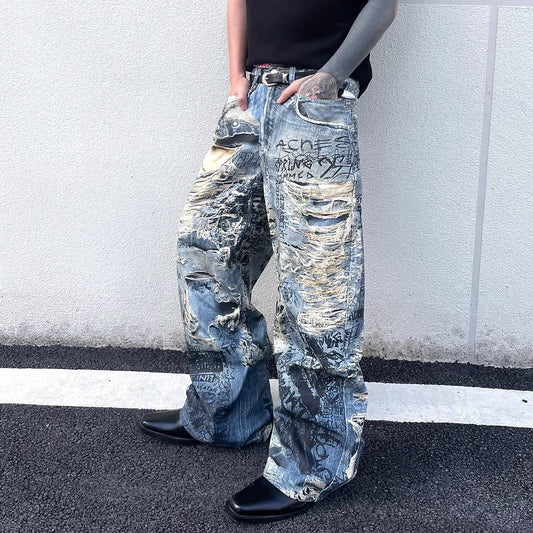 Digital Printed Letter Flower Denim Jeans for Men