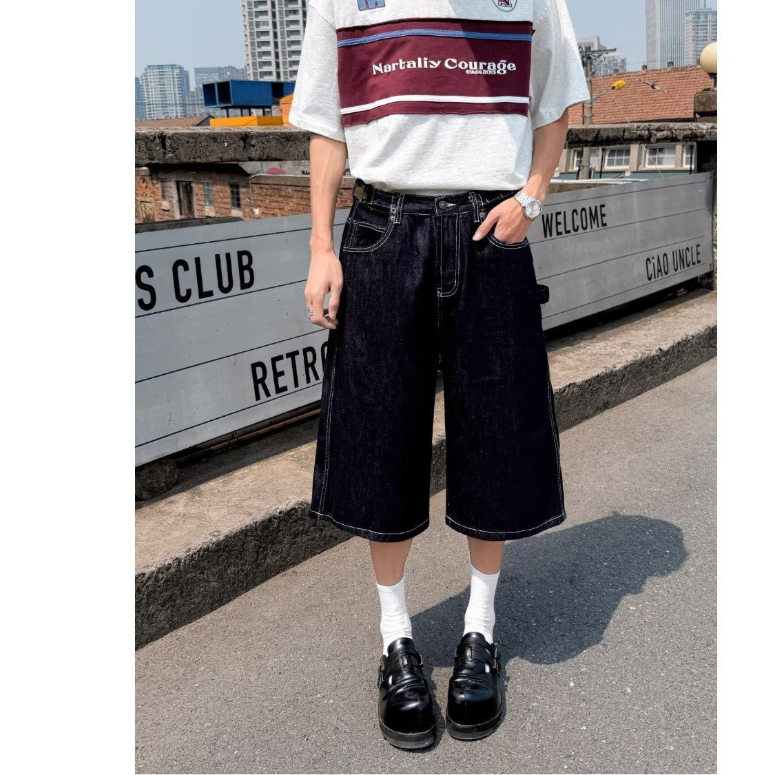 Wide Leg Denim Seven Quarter Straight Workwear Casual Shorts