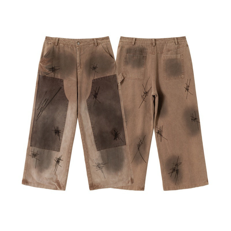 Scratched Patchwork Cold Transfer Printing Loose Straight Leg Jeans for Men