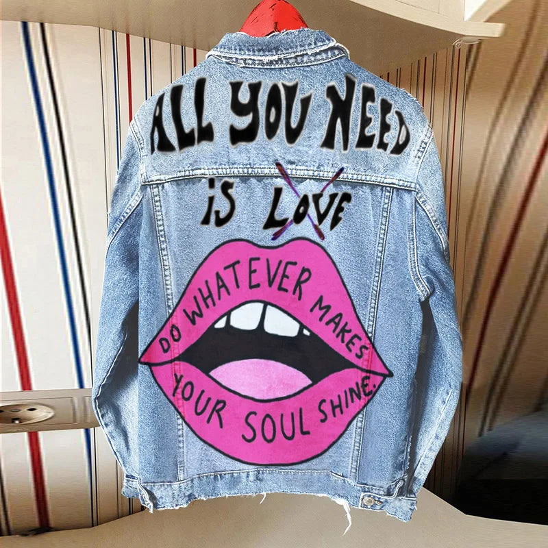 Women's Denim Jacket with Lip Print and Lapel