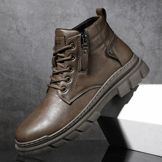Men's Retro Leather Work Ankle Boots Thick Bottom - High Top
