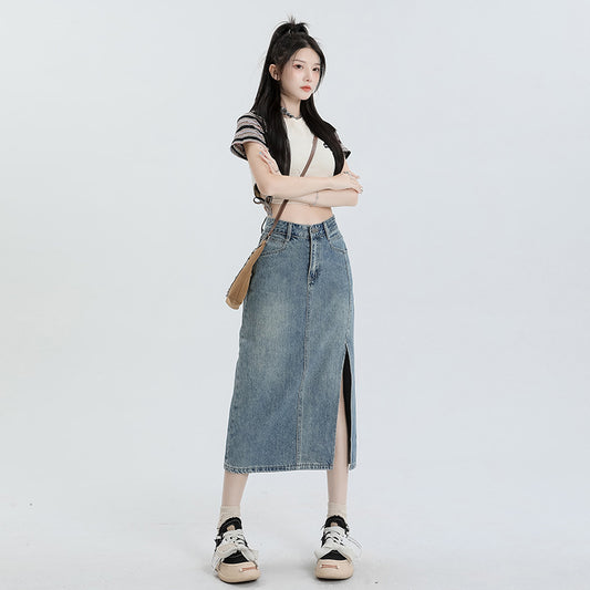 Women's High Waist Slit Denim A-Line Midi Skirt with Loose Fit for Summer