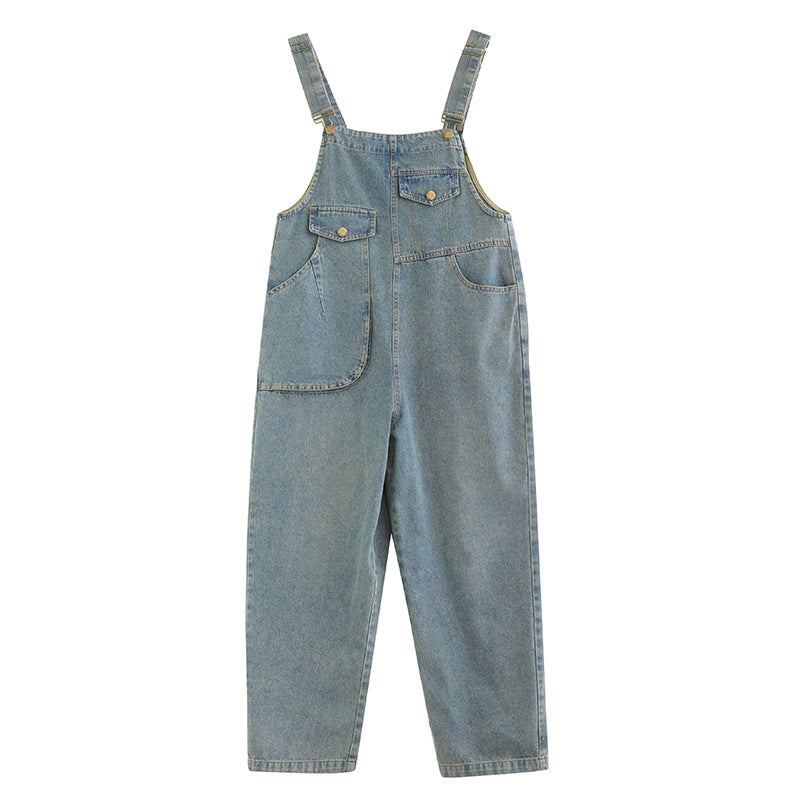 Women's Vintage Denim Jumpsuit - Loose Wide-Leg Romper with Pockets