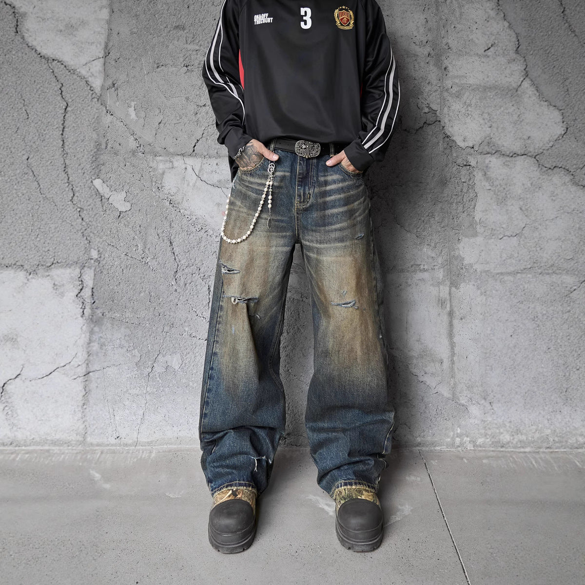 Vintage Washed Ripped Dagger Cut Denim Pants - Unisex Loose Fit Wide Leg Trousers