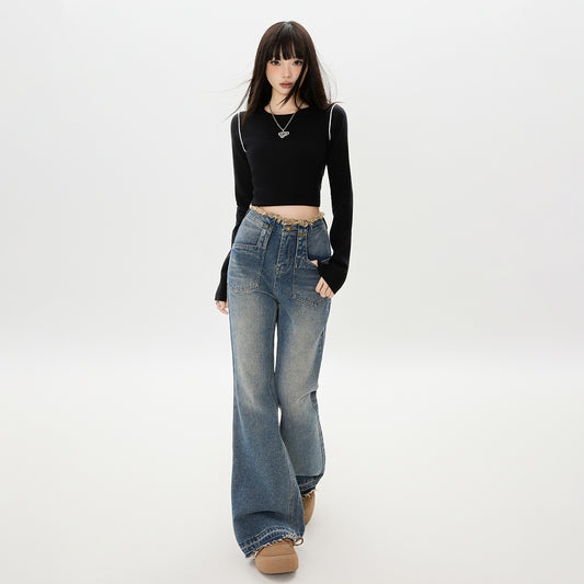 Flared Denim Pants for Women - High Waist Slim Frayed Hem