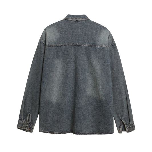 Washed Patchwork Denim Long Sleeve Shirt