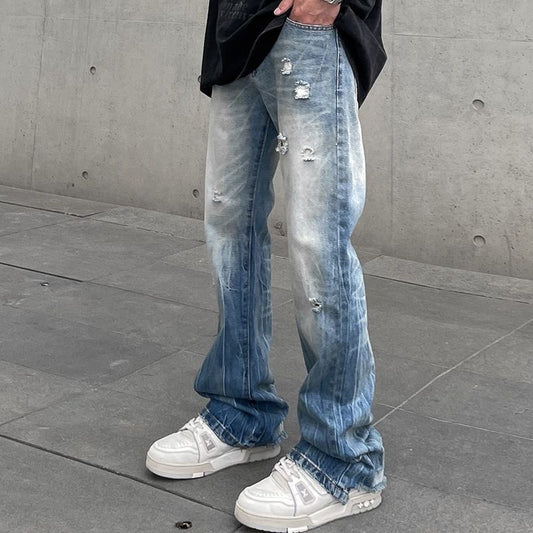 Streetwear Distressed Washed Ripped Flared Jeans for Men