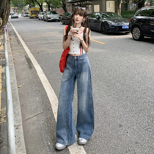 Women's Wide-Leg Floor-Length Denim Pants - Retro Blue