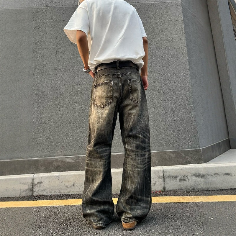 Washed Retro Distressed Black Gray Denim Straight Leg Wide Leg Long Pants