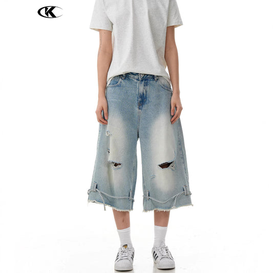 Washed Distressed Denim Shorts with Loose Wide Legs and Drawstring