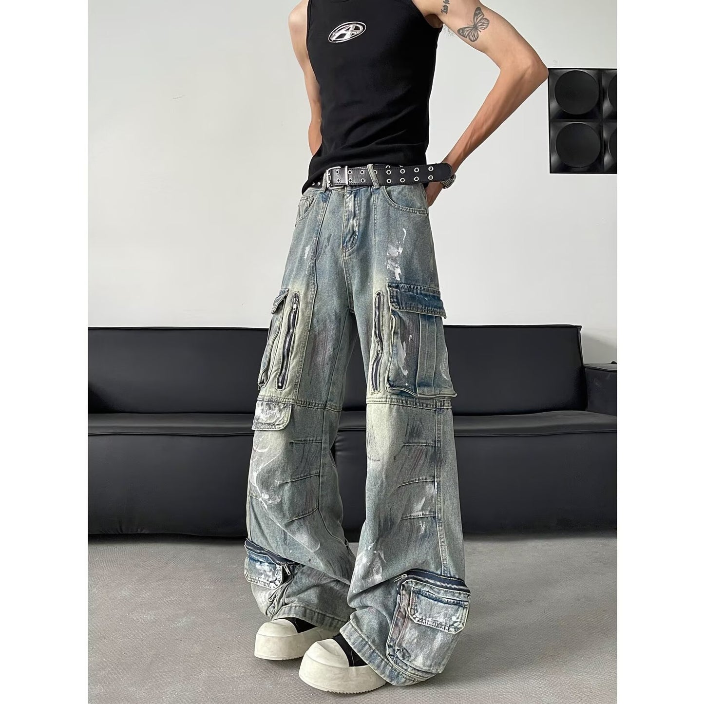 Multi Pocket Wide Leg Denim Straight Leg Casual Workwear Pants