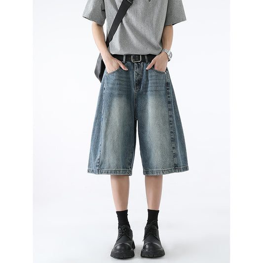 Retro Silhouette Wide Leg Denim Casual Washed Five Quarter Pants