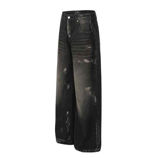 Retro Unisex Washed Black Splatter Design Men's Loose Wide-Leg Jeans