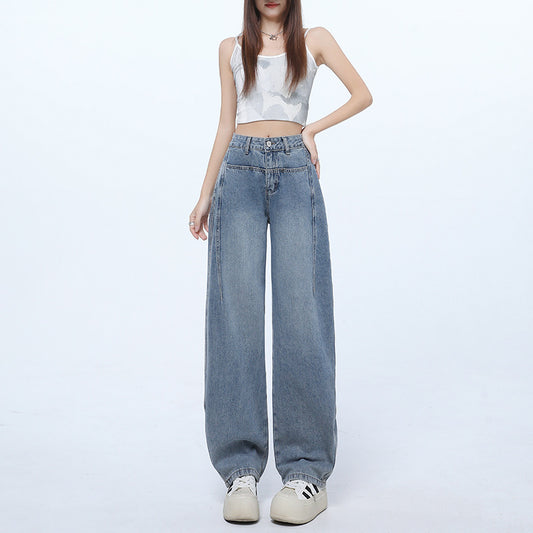 Blue High-Waisted Flared Denim Pants for Women - Summer Loose Fit