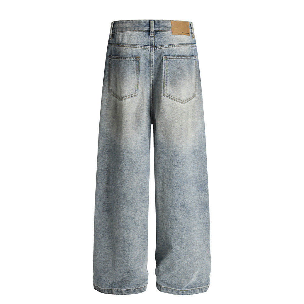 Men's Distressed Denim Jeans with Faded and Cat-Whisker Effects, Loose Fit, Casual Pants