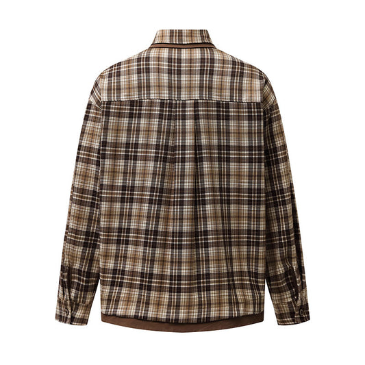 Brown Plaid Shirt Loose Casual Blouse Jacket Long Sleeve Top