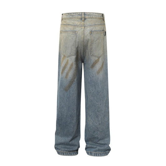 Men's Distressed Denim Jeans with Paint Splatter and Ripped Details