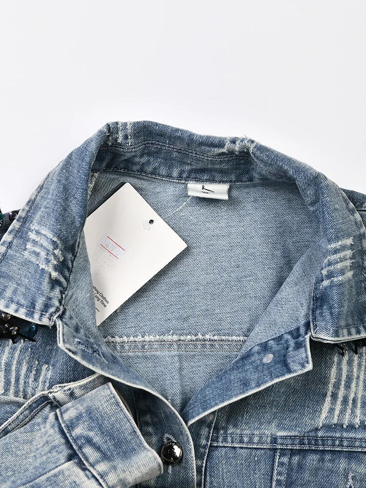 Long Sleeve Colorful Rivet Denim Jacket - Vintage Outwear